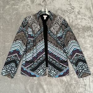 Chico's 2 Blazer Womens Large Multicolor Open Front Long Sleeve Aztec Blue Artsy